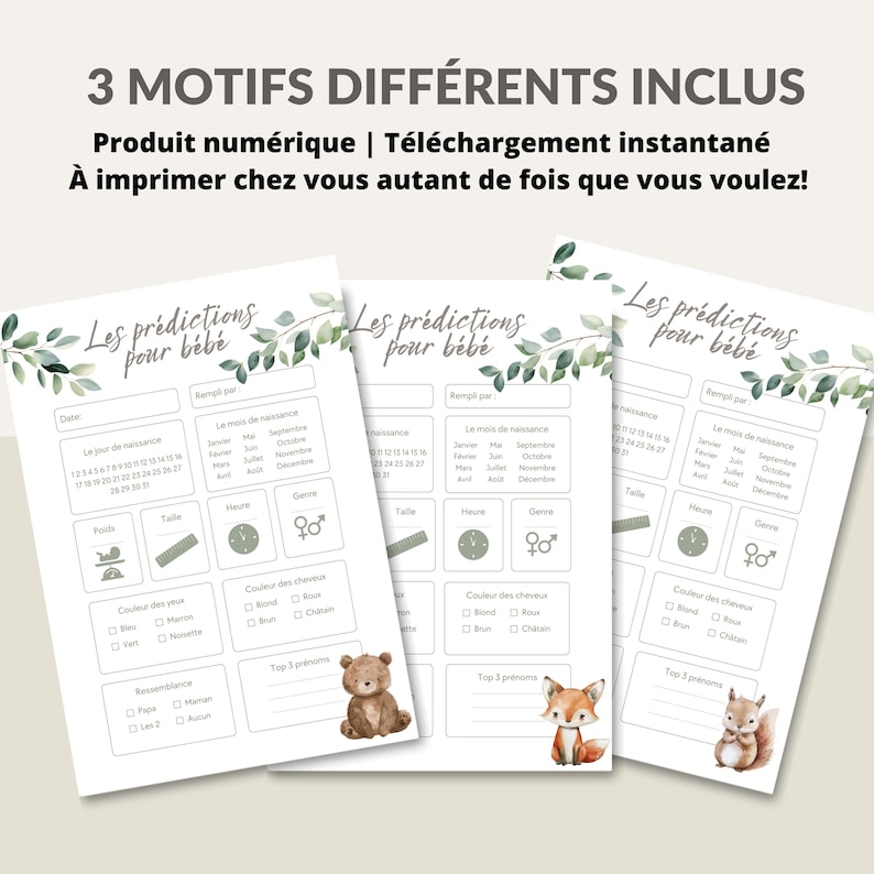 Carte de prédiction bébé | Pronostics bébé | en français | PDF | Imprimable | Babyshower | Gender reveal | Produit numérique image 3