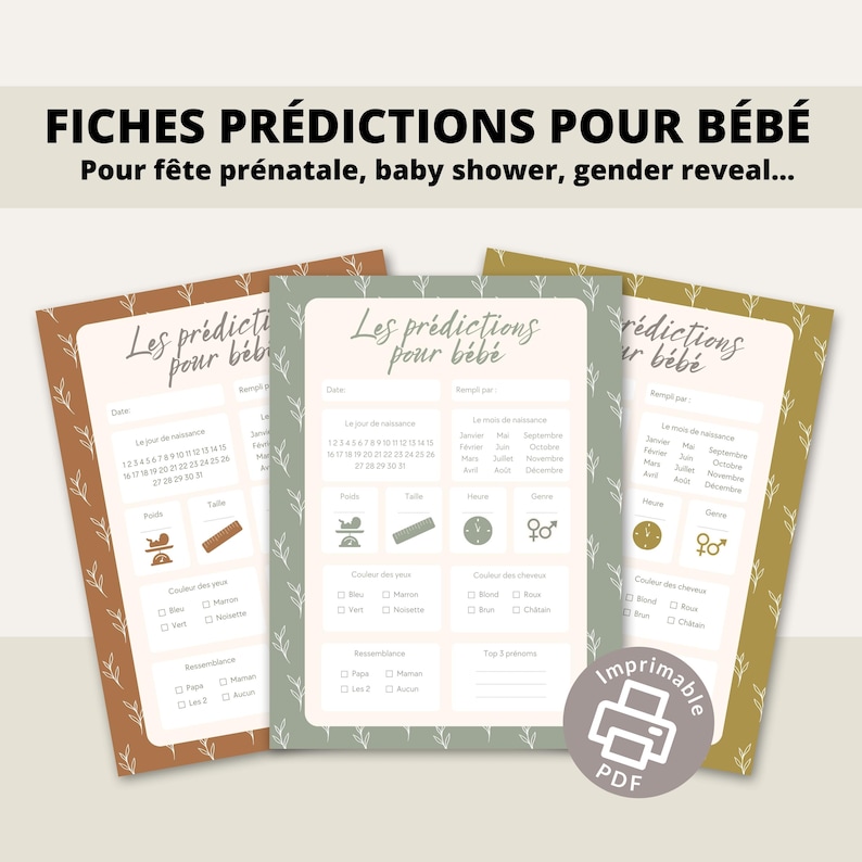Carte de prédiction bébé | Pronostics bébé | en français | PDF | Imprimable | Babyshower | Gender reveal | Produit numérique image 1