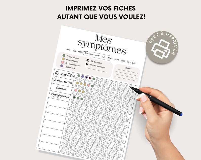 Puede incluir: Calendario de seguimiento de s&iacute;ntomas imprimible con una cuadr&iacute;cula de c&iacute;rculos para cada d&iacute;a del mes. El calendario est&aacute; etiquetado con los meses del a&ntilde;o e incluye una secci&oacute;n para notas. El rastreador est&aacute; dise&ntilde;ado para ayudar a las personas a hacer un seguimiento de sus s&iacute;ntomas e identificar patrones.