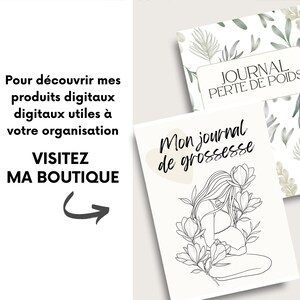 Puede incluir: Dos portadas de diario imprimibles. Una presenta un dise&ntilde;o floral con el texto "JOURNAL PERTE DE POIDS". La otra presenta un dibujo lineal de una mujer embarazada con el texto "Mon journal de grossesse".