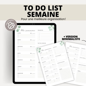 Peut inclure: Modèle de liste de tâches hebdomadaire imprimable avec un design minimaliste. Le modèle comprend des sections pour les tâches quotidiennes, les priorités et les notes. Le texte "Ma semaine" est écrit en français.
