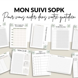Puede incluir: Un conjunto de 10 rastreadores imprimibles en blanco y negro con acentos florales verdes. Los rastreadores se titulan "Mes habitudes", "Mes repas de la semana", "Temps de sommeil", "Mes tratamientos", "Mes test d'ovulation", "Mes rendez-vous medicaux", "Mon Cycle", "Mes entrainements", "Ma temperature" y "Mes symptomes".