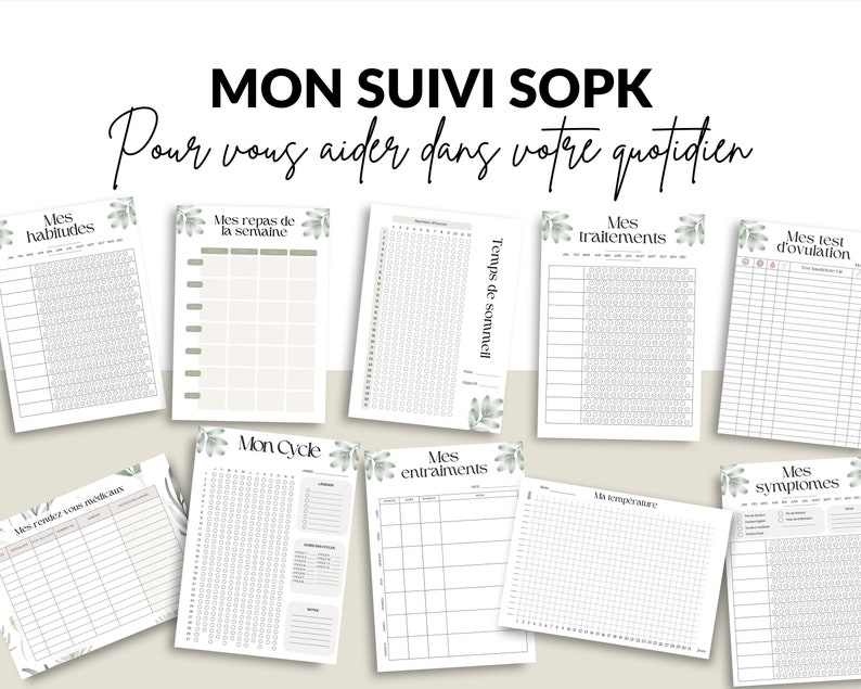 Puede incluir: Un conjunto de 10 rastreadores imprimibles en blanco y negro con acentos florales verdes. Los rastreadores se titulan "Mes habitudes", "Mes repas de la semana", "Temps de sommeil", "Mes tratamientos", "Mes test d'ovulation", "Mes rendez-vous medicaux", "Mon Cycle", "Mes entrainements", "Ma temperature" y "Mes symptomes".