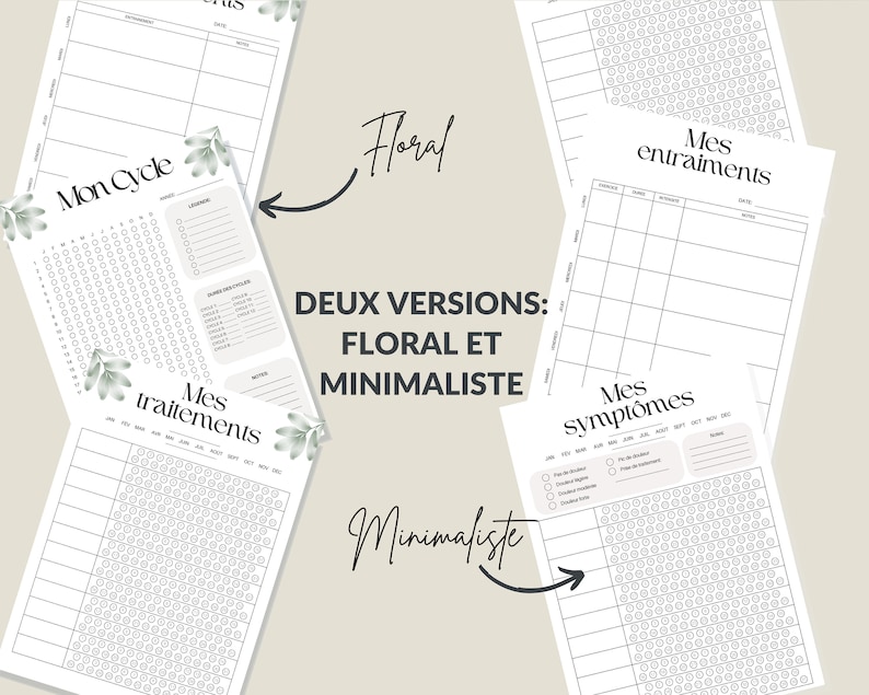 Puede incluir: Dos versiones de un rastreador de ciclo menstrual imprimible, uno con un dise&ntilde;o floral y otro con un dise&ntilde;o minimalista. Ambos rastreadores incluyen secciones para rastrear s&iacute;ntomas, tratamientos y entrenamientos.