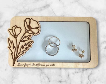 Custom Wooden Jewelry Dish, Birth Month Flower Design, Acrylic Base, Wedding Ring Storage, Catchall Tray, Personalized, Mother’s Day Gift