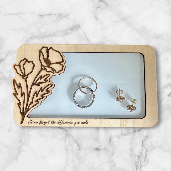 Custom Wooden Jewelry Dish, Birth Month Flower Design, Acrylic Base, Wedding Ring Storage, Catchall Tray, Personalized, Mother’s Day Gift