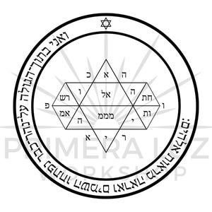 Puede incluir: Un diseño geométrico en blanco y negro con texto hebreo y una estrella de David en el centro. El texto está rodeado por un círculo con más texto hebreo.