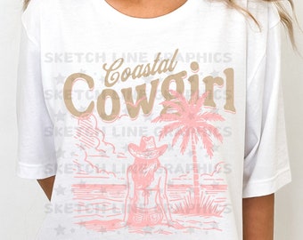 Küsten Cowgirl Western Shirt Design Png, Retro Western Cowgirl Digitaler Download, Heißer Cowgirl Sommer, Palmen Png, Sommer Sublimation Png