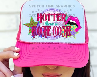 Hotter Than A Hoochie Coochie Trucker Hat Patch Png Design, Checkered Trucker Hat Patch Png Sublimation Download, Trendy Trucker Hat Png