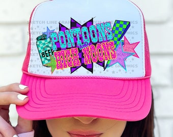 Pontoons And High Noons Trucker Hat Patch Png Design, Karierter Trucker Hat Patch Png Sublimation Download, Trendy Trucker Hat Png