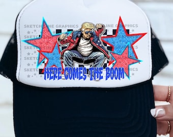 Here Comes The Boom President Patch Png Design, Karierter Trucker Hat Patch Png Sublimation Download, MAGA Png, Trendy Trucker Hat Png