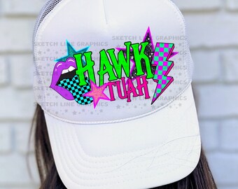 Hawk Tuah Parche de brillo falso Diseño png, Parche de sombrero de camionero a cuadros Descarga de sublimación png, Rayo png, Sombrero de camionero de moda png