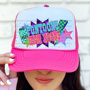 Pontoons And High Noons Trucker Hat Patch Png Design, Checkered Trucker Hat Patch Png Sublimation Download, Trendy Trucker Hat Png