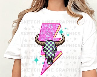 Kariertes Kuhschädel-Png-Design, trendiges Western-Shirt-Png-Digital, Lightning Bolt-Png, Png für Western-Hemden, digitaler Png-Download, Western