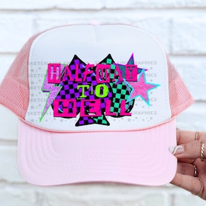 Halfway To Hell Faux Glitter Patch Png Design, Checkered Trucker Hat Patch Png Sublimation Download, Checkered Spade, Trendy Trucker Hat Png
