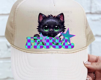 Feral Trucker Hat Faux Patch Png Design, Checkered Trucker Hat Patch Png Sublimation Download, Funny Feral Cat Png, Trendy Trucker Hat Png