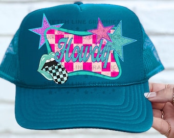 Howdy Faux Glitter Patch Diseño Png, Parche de sombrero de camionero a cuadros Descarga de sublimación Png, Rayo Png, Sombrero de camionero de moda Png