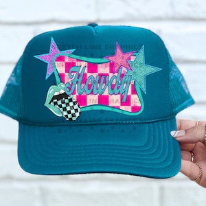 Howdy Faux Glitter Patch Png Design, Checkered Trucker Hat Patch Png Sublimation Download, Lightning Bolt Png, Trendy Trucker Hat Png