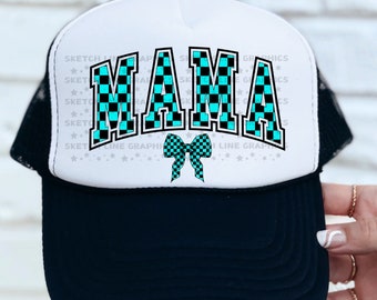 Mama Trucker Hat Patch Png Design, karierte Schleife Trucker Hat Patch Png Sublimation Download, karierte kokette Schleife, trendige Trucker Hat Png