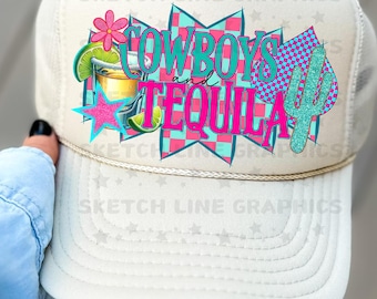 Cowboys und Tequila Faux Trucker Hat Patch Png Design, Karierter Trucker Hut Patch Png Download, Boujee Png, Trendy Trucker Hut Png