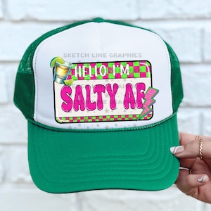 Hello I'm Salty AF Trucker Hat Patch Png Design, Checkered Trucker Hat Patch Png Download, Lightning Bolt Png, Trendy Trucker Hat Png