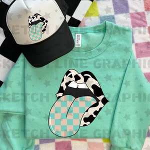 Cow Print Checkered Rocker Tongue Patch Png Design, Western PNG For Shirts, Trendy Trucker Hat Png, Trendy Western Png Shirt Digital, Png