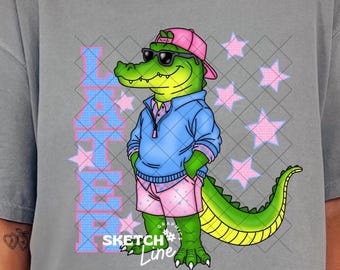 Más tarde Gator Preppy Diseño de camiseta PNG, Descarga digital PNG de tendencia, Diseño PNG femenino, Caimán divertido PNG,