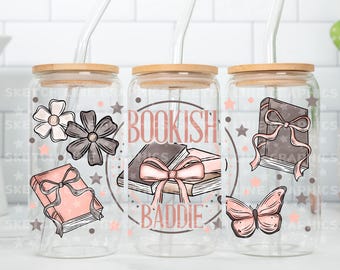 Bookish Baddie Coquette 16oz Glass Can Wrap Png, Bookish Girly Design Wrap, Book Lover Png, Glass Can Wrap, Libbey Glass Can Wrap
