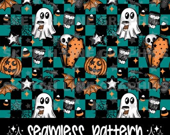 Puede incluir: Patrón sin costuras con temática de Halloween con fantasmas, murciélagos, calabazas, ataúdes, estrellas y tazas de café sobre un fondo a cuadros turquesa y negro. El diseño incluye caramelos de maíz y telarañas. El texto "seamless pattern" está en la parte inferior.