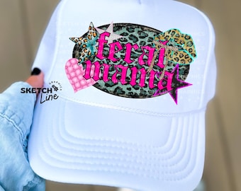 Feral Mama Faux Trucker Hat Patch Png Design, Checkered Trucker Hat Patch Png Sublimation Download, Faux Glitter Png, Trendy Trucker Hat Png