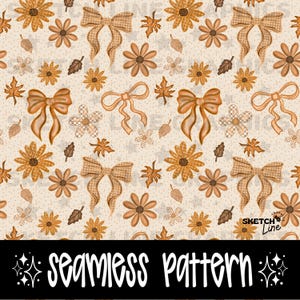 May include: A seamless pattern featuring bows, flowers, and leaves in shades of brown and orange on a cream background. The text "seamless pattern" is at the bottom. This design is suitable for fall-themed crafts and decor.