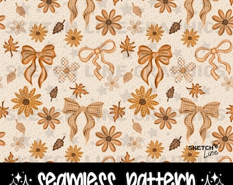 Herbst karierte Kokette Bögen & Karierte Blumen Nahtlos, Herbstmuster Design Png, Herbst ästhetischer digitaler Download, gemütlicher Herbst nahtloser Png