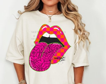Checkered Halloween Rocker Tongue Patch Png Design, PNG Digital For Shirts, Trendy Trucker Hat Png, Checkered Print Png Sublimation Design