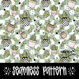 May include: Seamless pattern featuring potted plants, cacti, and leaves in shades of green and beige. The design includes checkered pots and a light green checkered background. The words "seamless pattern" are at the bottom.
