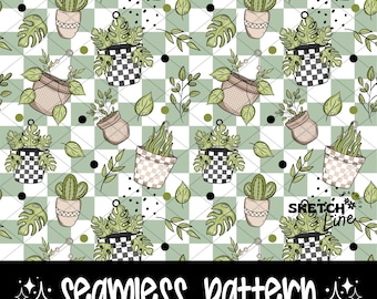 Karierte Pflanzen Liebhaber Nahtlose Muster, Pflanzen Muster Png, Stoffmuster Design, Digitaler Download Png, Digitales Papier, Sublimationsmuster
