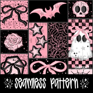 May include: A seamless pattern design with Halloween motifs. It features pink bats, stars, bows, a skull, a rose, a coffin, a spiderweb, and a ghost. The words "seamless pattern" are displayed at the bottom of the design.