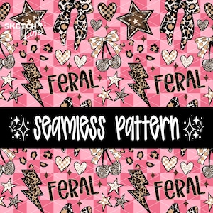 May include: Seamless pattern design featuring a pink checkered background with various elements. Includes leopard print bows, cherries, hearts, stars, and lightning bolts. The word "FERAL" is repeated, and the text "seamless pattern" is displayed.