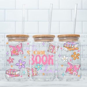 Anti Social Book Club 16oz Glass Can Wrap Png, Bookish Girly Design Wrap, Book Lover Png, Glass Can Wrap, Libbey Glass Can Wrap, Bookish Png