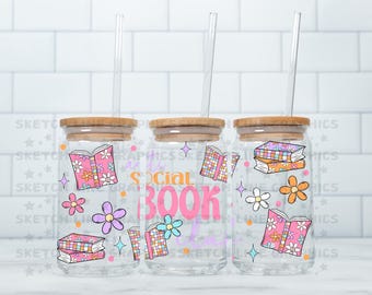 Anti Social Book Club 16oz Glass Can Wrap Png, Bookish Girly Design Wrap, Book Lover Png, Glass Can Wrap, Libbey Glass Can Wrap, Bookish Png