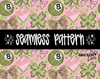 Lucky Checker Print Nahtlos, Rosa Grün 8Ball Bögen Nahtlos, Stoffdesign-Datei, Trending Pattern