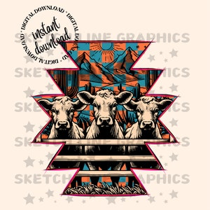 May include: Three brown and white cows peek over a wooden fence with a checkered background. The cows are in a desert landscape with cacti and mountains. The text "instant download" is in a circle at the top of the image.