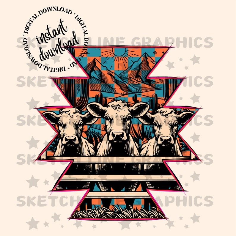 May include: Three brown and white cows peek over a wooden fence with a checkered background. The cows are in a desert landscape with cacti and mountains. The text "instant download" is in a circle at the top of the image.