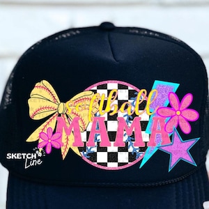 May include: Black trucker hat with a pink, yellow and blue design that says "Softball Mama". The design includes a bow, a star, a flower and a chequered circle.
