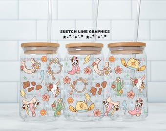 Western 16 Unzen Glasdosenverpackung Png, Girly Western Design Wrap, süße trendige Verpackung Png, Glasdosenverpackung, Libbey Glasdosenverpackung, Western Png Digital