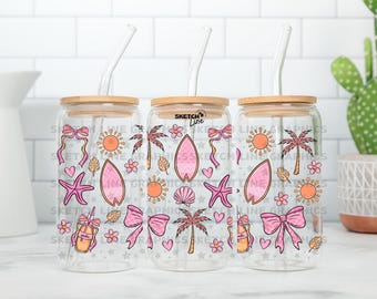 Girly Summer Glass Can Wrap PNG, Iced Coffee Design (Digital Download)