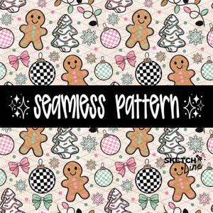 Pode incluir: Um padrão de Natal sem costura com homens de gengibre, árvores de Natal, enfeites, laços e flocos de neve em cores pastel. O texto "seamless pattern" está em uma faixa preta. O design é repetido.