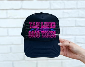 Parche de líneas de bronceado y buenos momentos (diseño PNG), parche de sublimación para gorra de camionero de verano neón, rayo (PNG), gorra de camionero de moda (PNG)