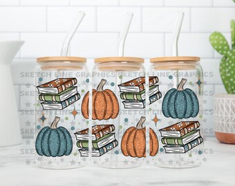 Envoltura de lata de vidrio de 16 oz con calabazas y libros de otoño, envoltura de diseño femenino de otoño, amante de los libros, envoltura de lata de vidrio, envoltura de lata de vidrio Libbey, otoño Png