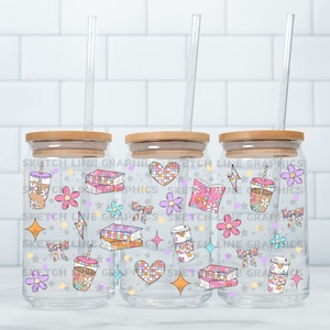 Retro Coffee And Books 16oz Glass Can Wrap Png, Bookish Design Wrap, Book Lover Png, Glass Can Wrap, Libbey Glass Can Wrap, Bookish Png