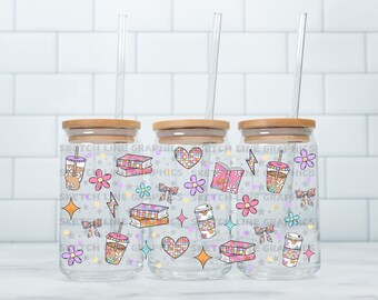 Retro Coffee And Books 16oz Glass Can Wrap Png, Bookish Design Wrap, Book Lover Png, Glass Can Wrap, Libbey Glass Can Wrap, Bookish Png